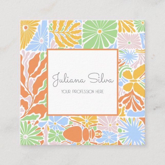 Tarjeta De Visita Cuadrada Marco retro floral colorido (Anverso)