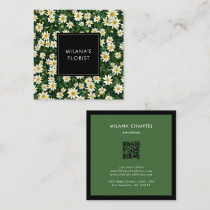 Tarjeta De Visita Cuadrada Margarita moderna boho floristería verde blanca