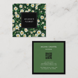 Tarjeta De Visita Cuadrada Margarita moderna boho floristería verde blanca
