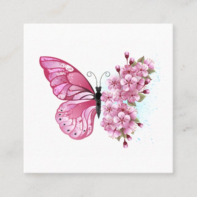 Tarjeta De Visita Cuadrada Mariposa de flores con Sakura rosa (Anverso)