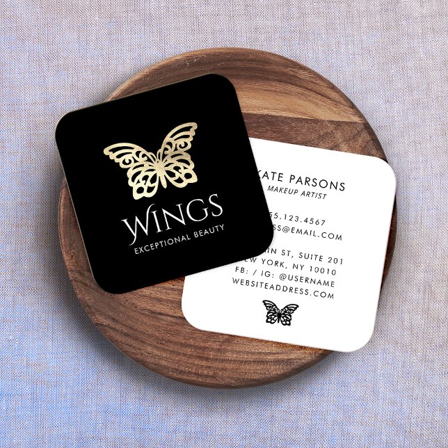 Tarjeta De Visita Cuadrada Mariposa dorada moderna negra (Subido por el creador)