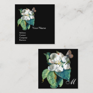 TARJETA DE VISITA CUADRADA MARIPOSA EN LA FLORES BLANCA , MONOGRAMA FLORAL