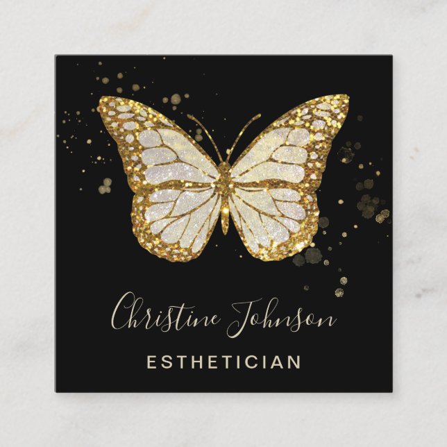 Tarjeta De Visita Cuadrada mariposa purpurina esteticista (Anverso)