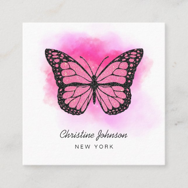 Tarjeta De Visita Cuadrada mariposa rosa caliente (Anverso)