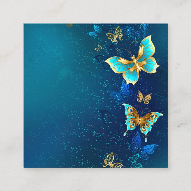 Tarjeta De Visita Cuadrada Mariposas doradas sobre fondo azul (Anverso)