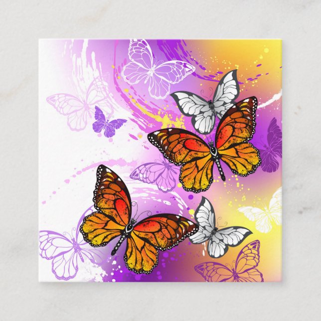 Tarjeta De Visita Cuadrada Mariposas monarcas en fondo morado (Anverso)