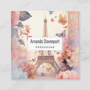 Tarjeta De Visita Cuadrada Mariposas y flores de la Torre Eiffel