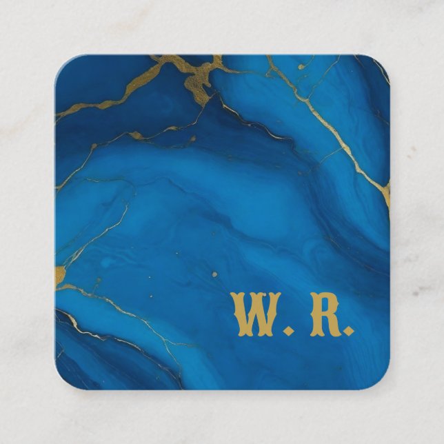 Tarjeta De Visita Cuadrada Mármol azul purpurina dorado monograma moderno (Anverso)