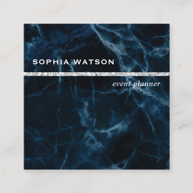 Tarjeta De Visita Cuadrada Mármol blanco azul de la marina (Anverso)