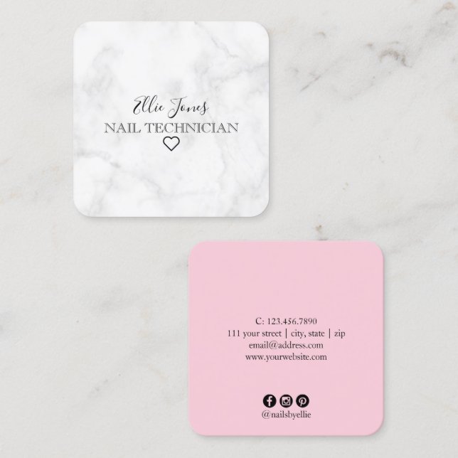 Tarjeta De Visita Cuadrada Mármol blanco moderno y uñas rosas (Anverso / Reverso)