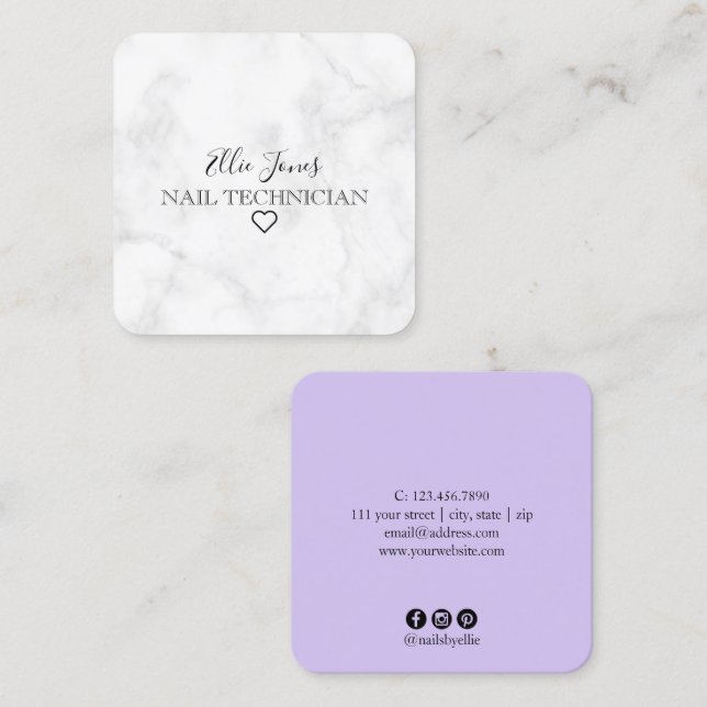 Tarjeta De Visita Cuadrada Mármol blanco y uñas púrpura moderados (Anverso / Reverso)
