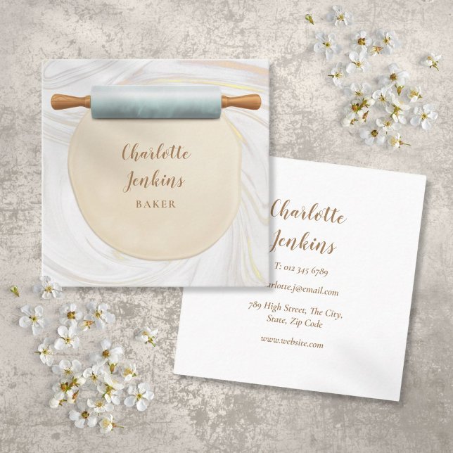 Tarjeta De Visita Cuadrada Mármol de la pastelería Baker Patisserie Pin Rolli (Baker Patisserie Marble Swirls Rolling Pin Square Business Card)