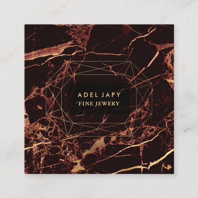 Tarjeta De Visita Cuadrada Mármol Masala Rojo+Faux Gold Gemstone Faceta (Anverso)