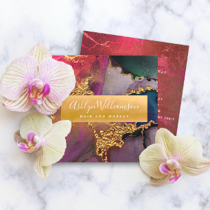 Tarjeta De Visita Cuadrada Mármol moderno acuarela color oro morado azul rosa