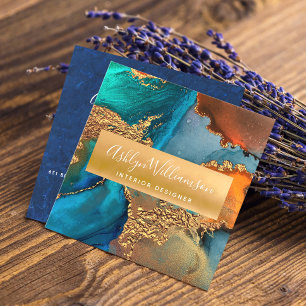 Tarjeta De Visita Cuadrada Mármol moderno acuarela color turquesa naranja oro