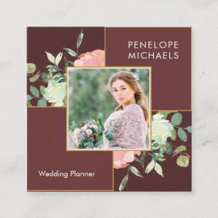 Tarjeta De Visita Cuadrada Marrón rojo profundo con foto de Bouquet floral