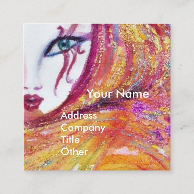 Tarjeta De Visita Cuadrada MÁSCARA EN AMARILLO CON ROSA ROJA Artista de maqui (Anverso)