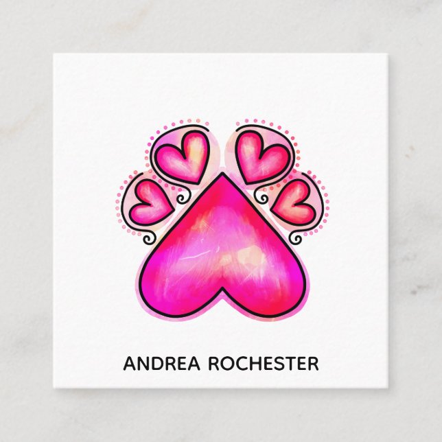 Tarjeta De Visita Cuadrada Mascota de acuarela Perro Paw Love Heart (Anverso)