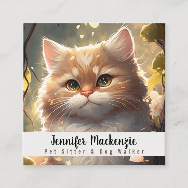 Tarjeta De Visita Cuadrada Mascota de gatos lindo sentada y caminante de perr (Anverso)