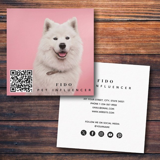 Tarjeta De Visita Cuadrada Mascota Influencia de Perro Foto Código QR Medios  (Pet Dog Influencer Photo QR Code Social Media Square Business Card)