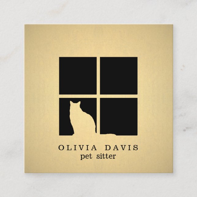 Tarjeta De Visita Cuadrada Mascota Sitting Services Black and Gold Faux Metal (Anverso)