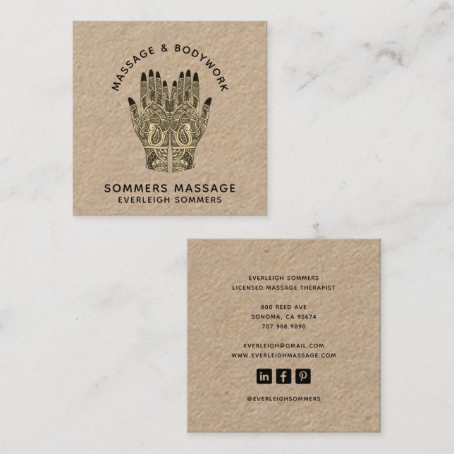 Tarjeta De Visita Cuadrada Massage Therapist Body Work Mehndi Henna Kraft Squ (Anverso / Reverso)