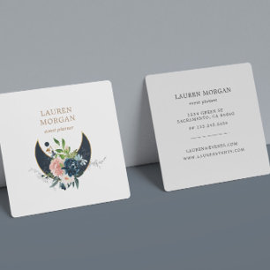 Tarjeta De Visita Cuadrada Medianoche Blue Crescent Moon Floral