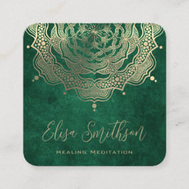 Tarjeta De Visita Cuadrada Meditación Curativa De Reiki De Mandala Verde Y Or