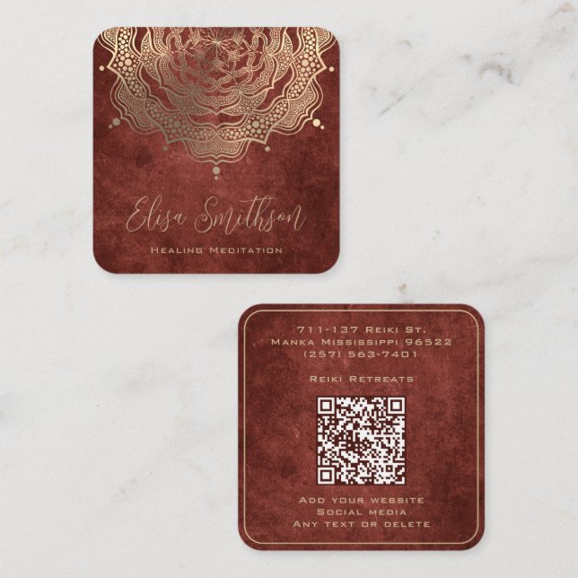 Tarjeta De Visita Cuadrada Meditación curativa de Terracota y Oro Mandala Rei (Anverso / Reverso)