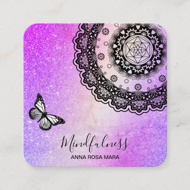 Tarjeta De Visita Cuadrada *~* Meditación Mandala Reiki Yoga. Mariposa (Anverso)