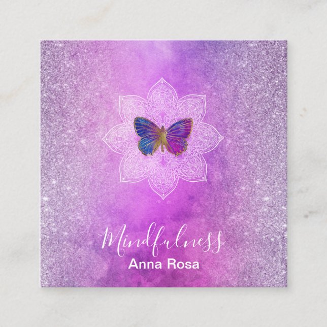 Tarjeta De Visita Cuadrada *~* Meditación Reiki Conciencia Mandala Mariposa (Anverso)