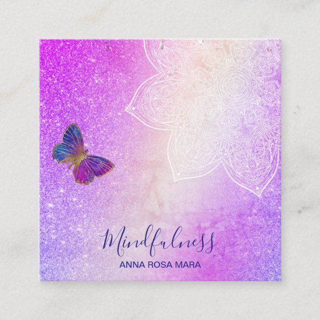 Tarjeta De Visita Cuadrada *~* Meditación Reiki Yoga. Mariposa Mandala (Anverso)