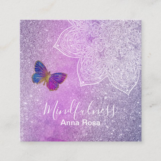 Tarjeta De Visita Cuadrada ** Meditación .  Yoga Reik Mandala Butterfly (Anverso)