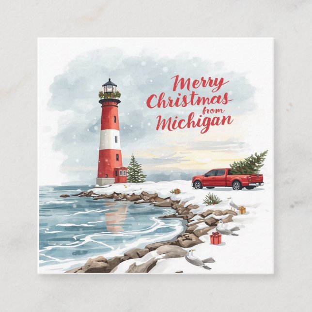 Tarjeta De Visita Cuadrada Merry Christmas from Michigan – Coastal Lighthouse (Anverso)