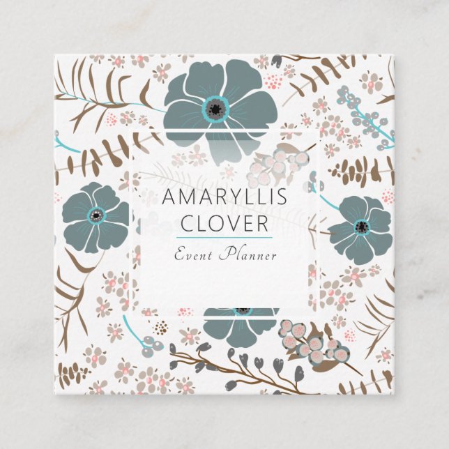 Tarjeta De Visita Cuadrada Mezcla floral primavera Verde azulada gris rosa (Anverso)
