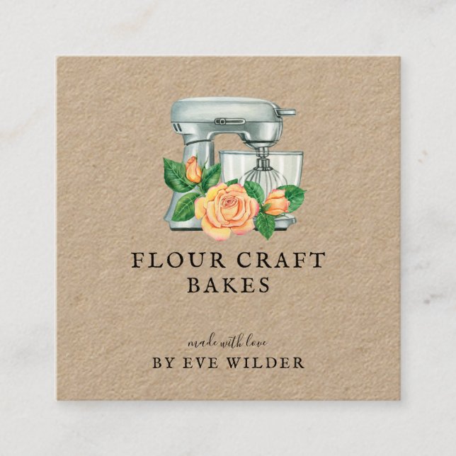 Tarjeta De Visita Cuadrada Mezclador de acuarela floral Baker Bakery Kraft (Anverso)