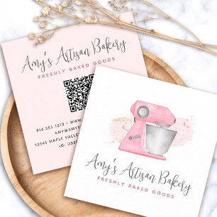 Tarjeta De Visita Cuadrada Mezclador de Panadería Rosa Rubor Código QR Pastel