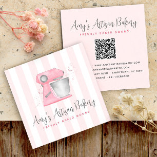 Tarjeta De Visita Cuadrada Mezclador de Panadería Rosa Rubor Código QR Rayas