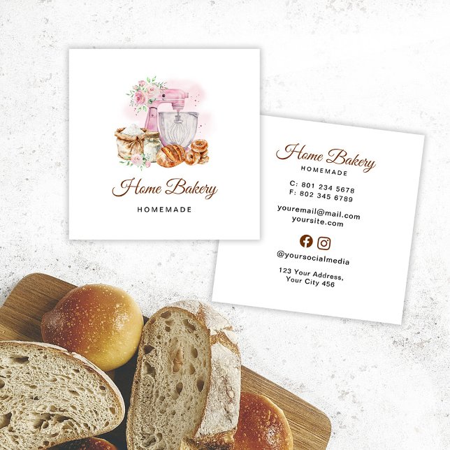 Tarjeta De Visita Cuadrada Mezcladora rosa Panadería de Pan Sourdough (Subido por el creador)