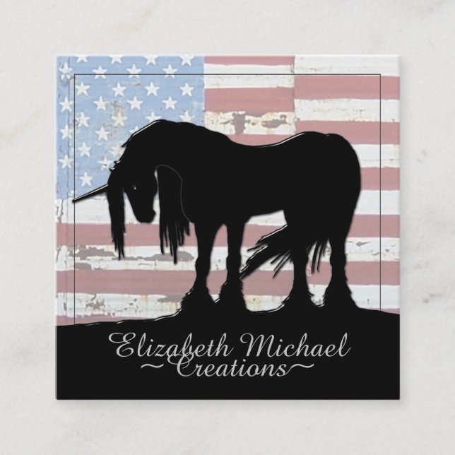 Tarjeta De Visita Cuadrada Micstical Black Unicorn (bandera rústica) (Anverso)