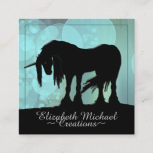 Tarjeta De Visita Cuadrada Micstical Black Unicorn (burbujas verde azuladas)