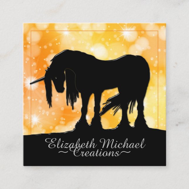 Tarjeta De Visita Cuadrada Micstical Black Unicorn (estrellas amarillas) (Anverso)