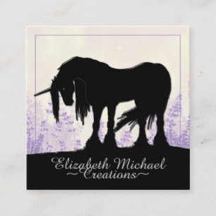 Tarjeta De Visita Cuadrada Micstical Black Unicorn (flores de lavanda)