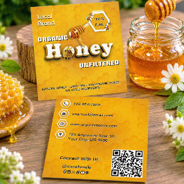 Tarjeta De Visita Cuadrada Miel Cruda Orgánica Marca Local Código QR Amarillo