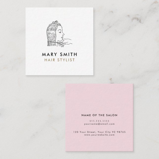 Tarjeta De Visita Cuadrada Minimal Elegant Pink White  Hair Square (Anverso / Reverso)