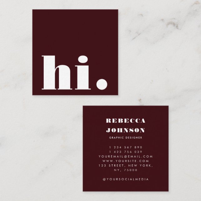 Tarjeta De Visita Cuadrada Minimalist Bold Typography Burgundy Modern Hi (Anverso / Reverso)