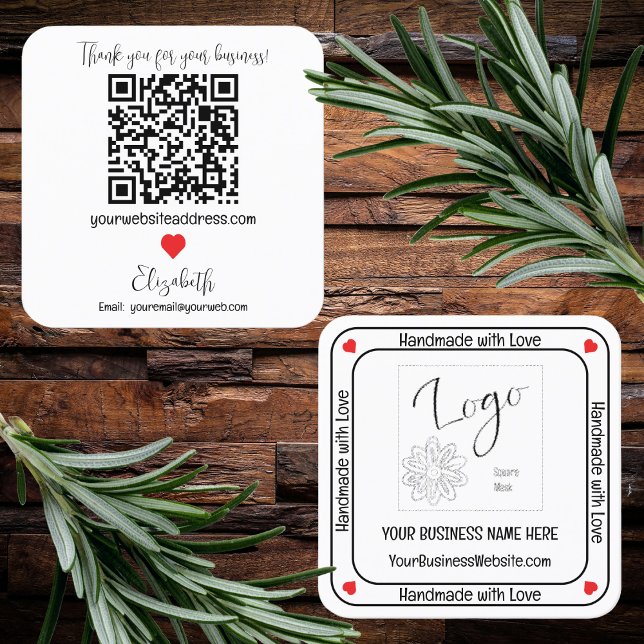 Tarjeta De Visita Cuadrada Minimalista hecho a mano con el código QR de Love  (Minimalist "Handmade With Love" Business QR Code Square Business Card - White)