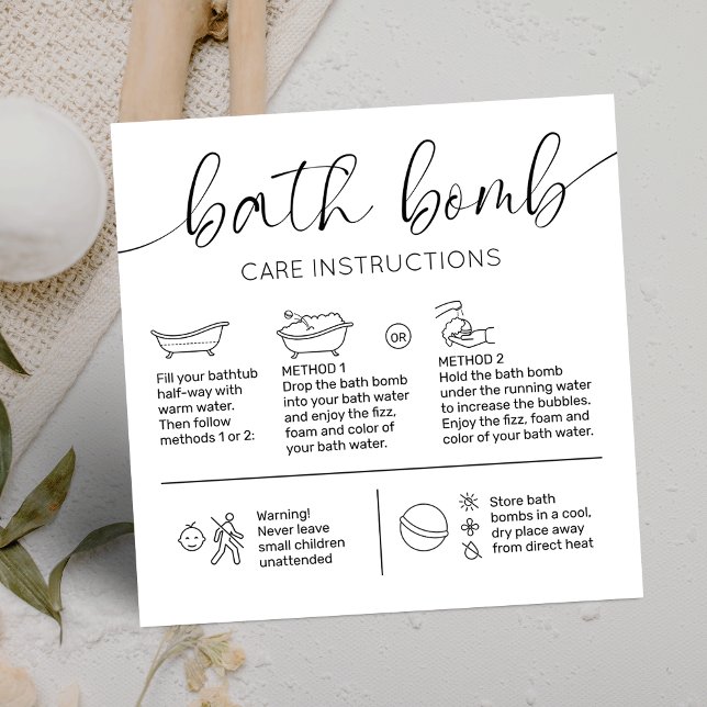 Tarjeta De Visita Cuadrada Mínimo Elegante Logo Instrucciones de cuidado de l (Modern bath bomb care cards with step-by-step icons, minimal aesthetic and elegant script fonts)