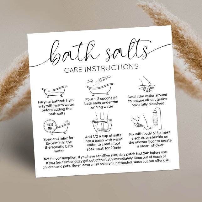 Tarjeta De Visita Cuadrada Mínimo Elegante Logo Saltos de baño Instrucciones  (Bath salts care instructions cards with icons and safety information on how to use bath soak)