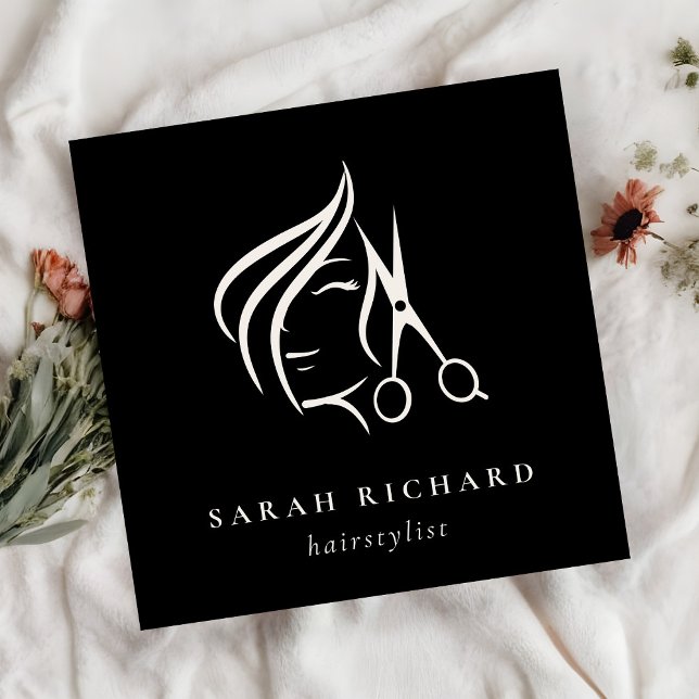 Tarjeta De Visita Cuadrada Mínimo Hairstylist Black & White Hair Scissor (Subido por el creador)